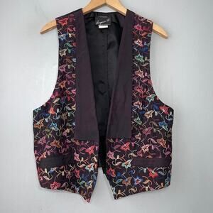 Vintage Black Embroidered Vest Size Rainbow Floral Waistcoat Dopamine Artsy Dark
